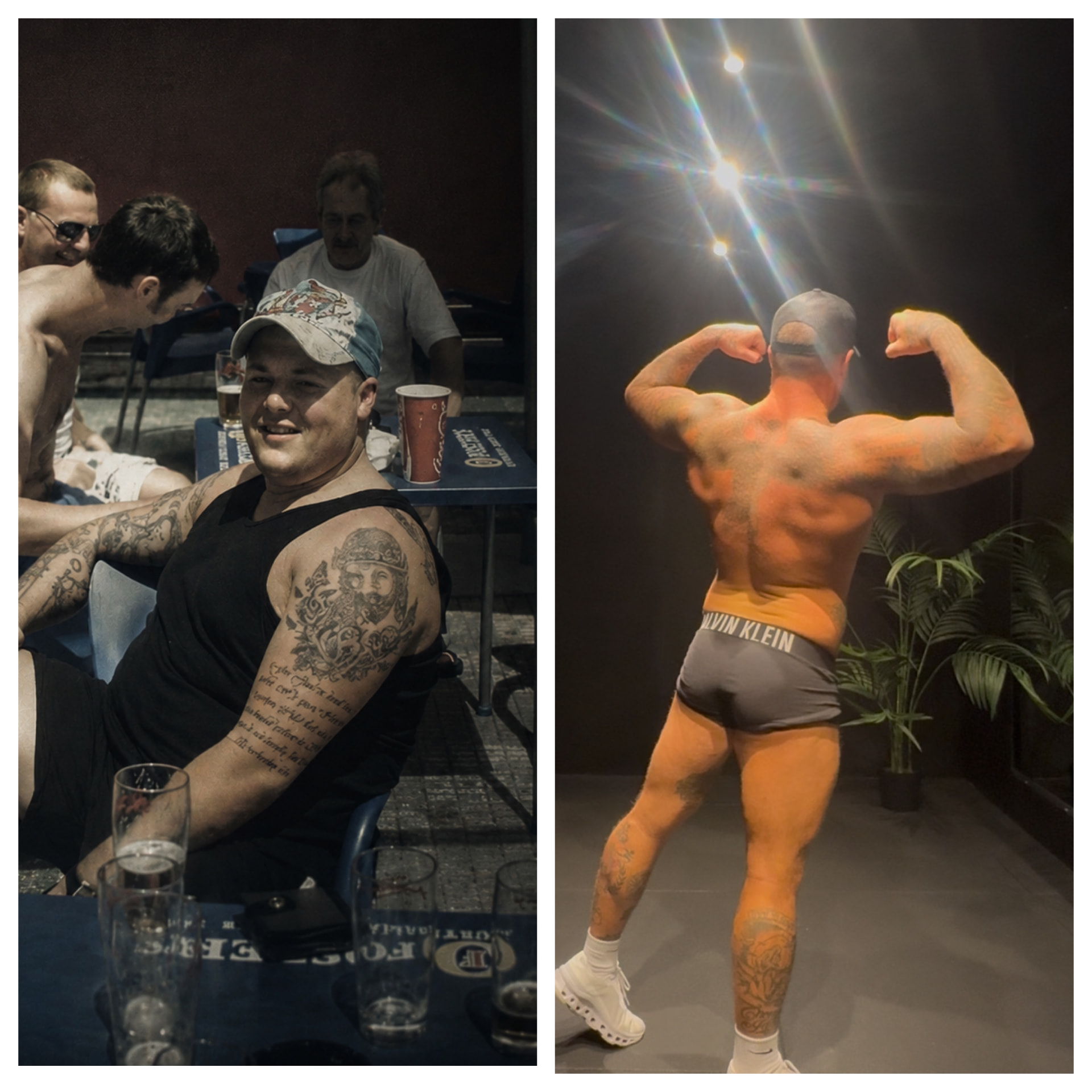 Side-by-side transformation: before photograph on the left, current back double-biceps photograph on the right