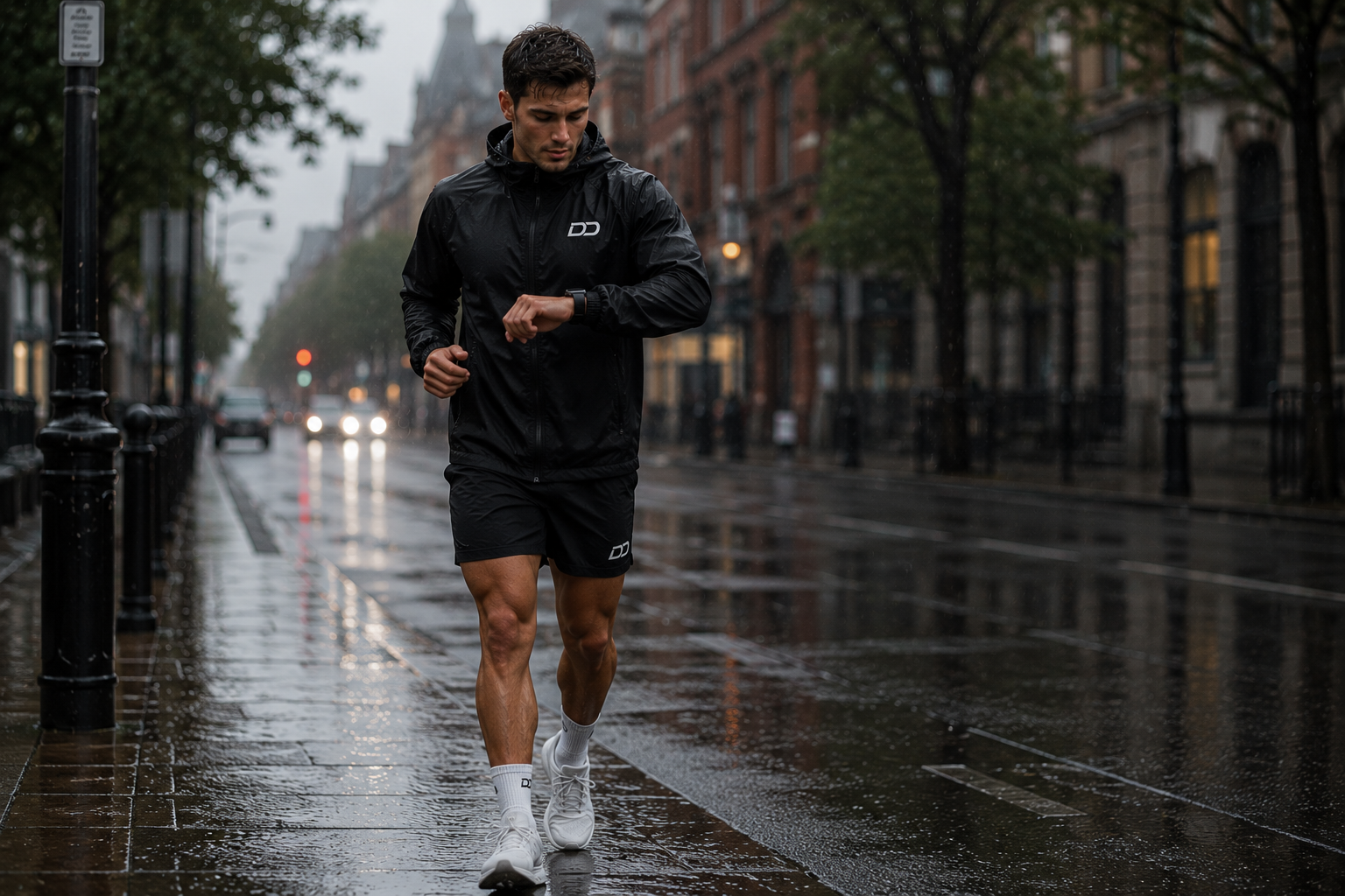 DD Active runner training on a rainy city street
