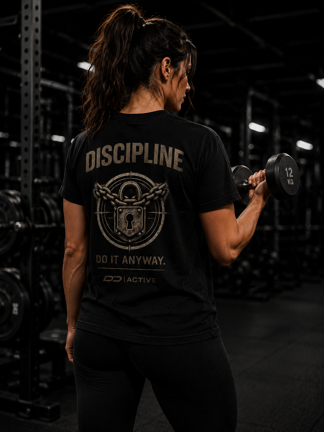 Athlete wearing the DD Active Discipline Tee in the gym